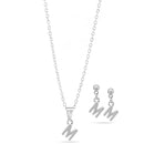 Rhodium "M" Small Pendant Adjustable Length Chain Short Necklace And Earrings Set