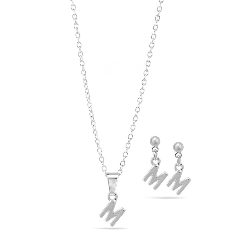 Rhodium "M" Small Pendant Adjustable Length Chain Short Necklace And Earrings Set