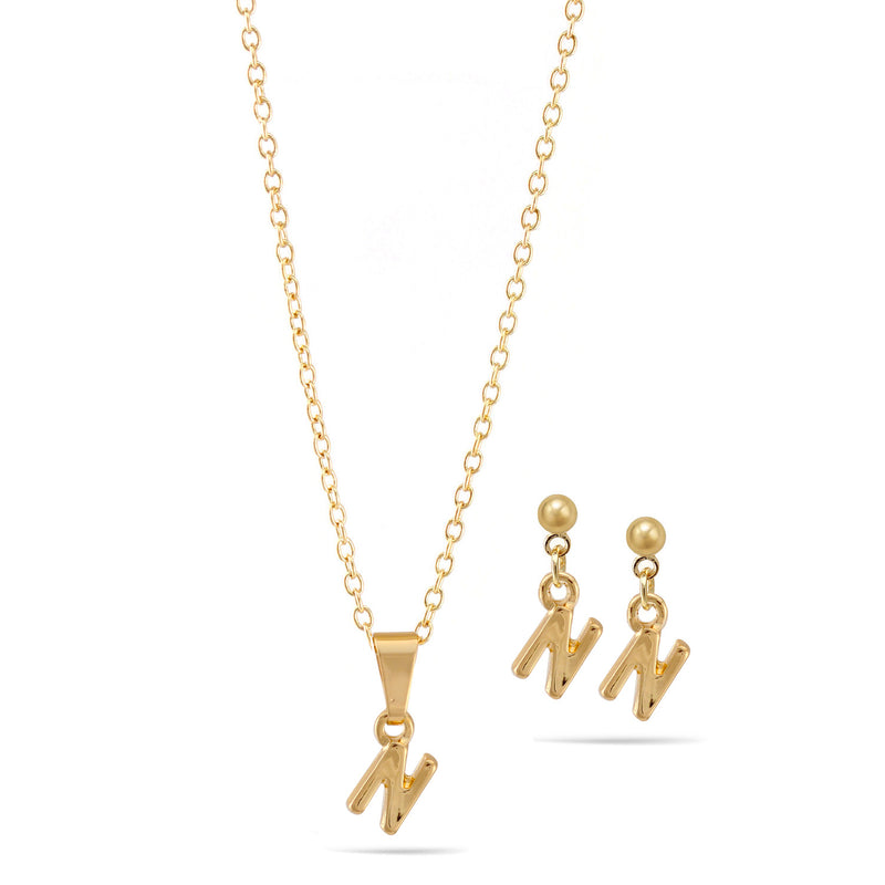 Gold "N" Small Pendant Adjustable Length Chain Short Necklace And Earrings Set