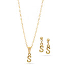 Gold "S" Small Pendant Adjustable Length Chain Short Necklace And Earrings Set
