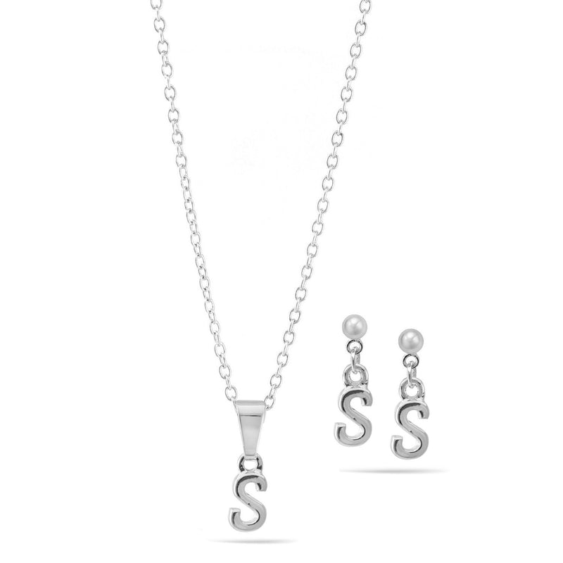 Rhodium "S" Small Pendant Adjustable Length Chain Short Necklace And Earrings Set