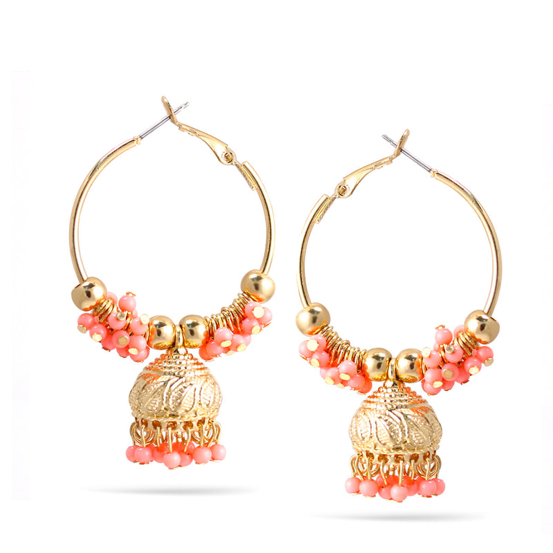 Gold Pink Beads Dogra Jhumka Chandelier Hoop Earrings