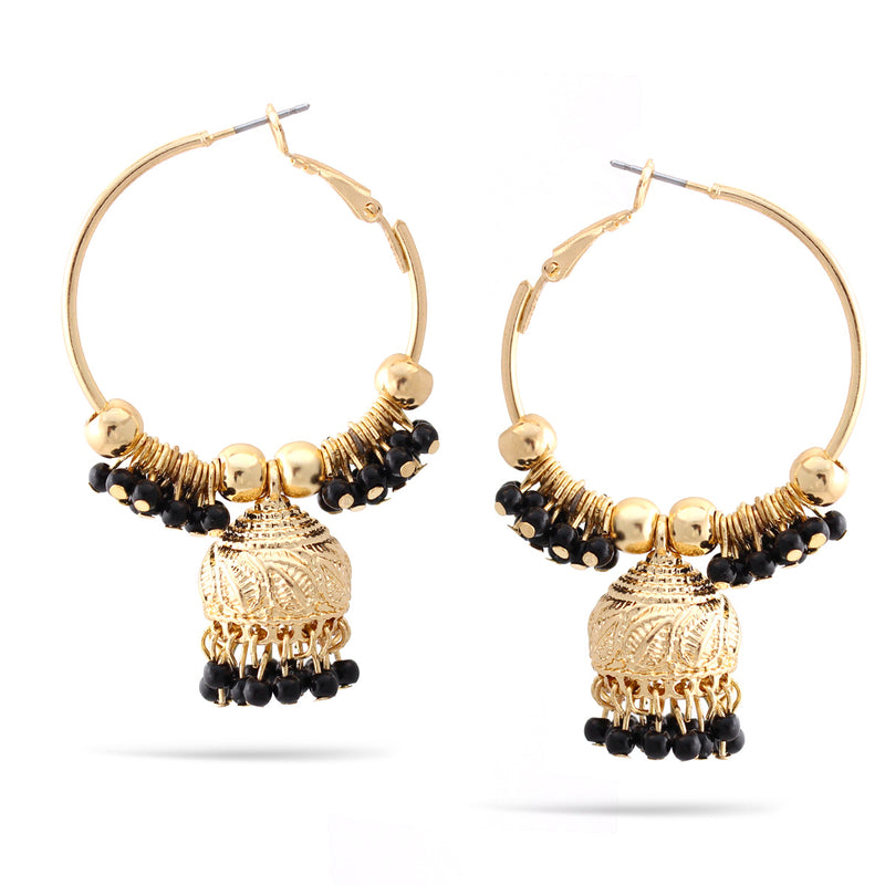 Gold Black Beads Dogra Jhumka Chandelier Hoop Earrings