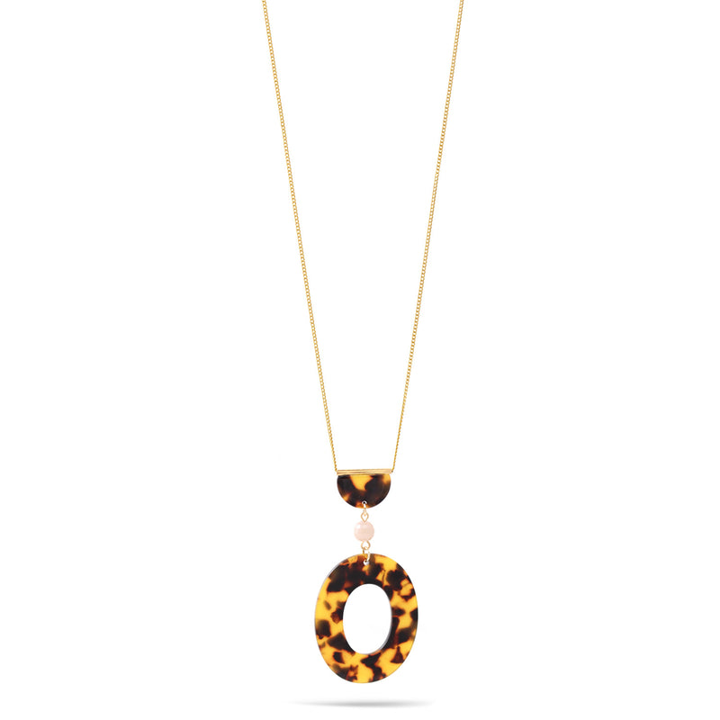 Tortoise Shell Acetate Resin Oval Gold Pendant Adjustable Length Gold Chain Necklace