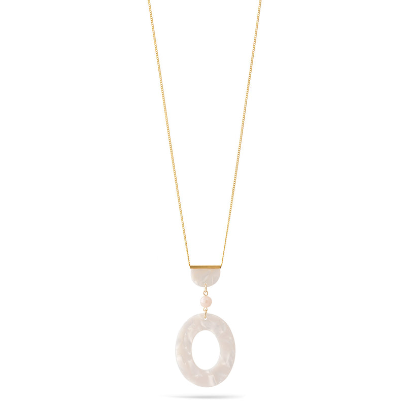 Ivory Shell Acetate Resin Oval Gold Pendant Adjustable Length Gold Chain Necklace