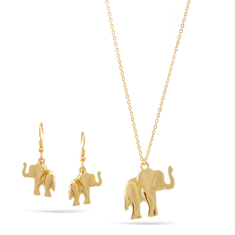 Gold Elephant Pendant Adjustable Length Chain Necklace And Earrings Set