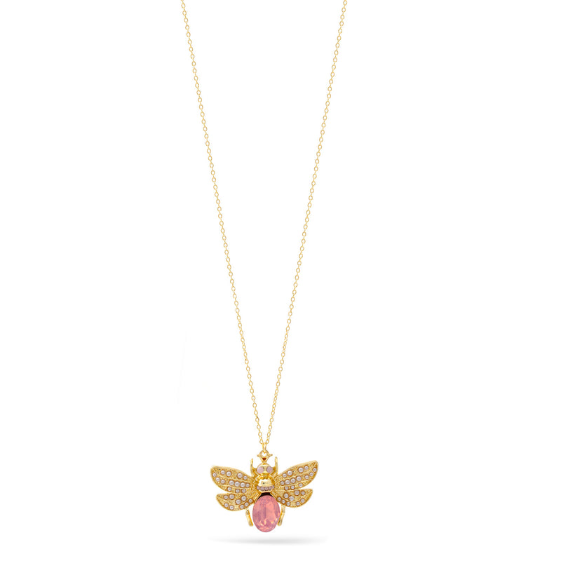 Pink Crystal And Pearl Gold Bee Pendant Adjustable Length Chain Necklace