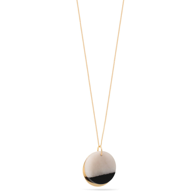 Gold Black And White Marble Round Pendant Adjustable Length Chain Necklace