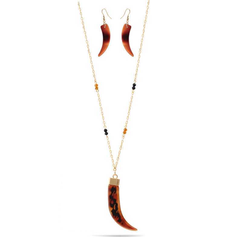 Gold Brown Horn Pendant Adjustable Length Chain Necklace And Earrings Set
