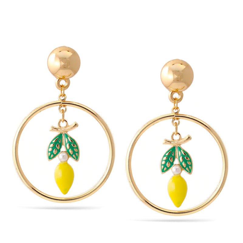 Gold Circle Enamel Flower And Fruit Round Ball Post Earrings