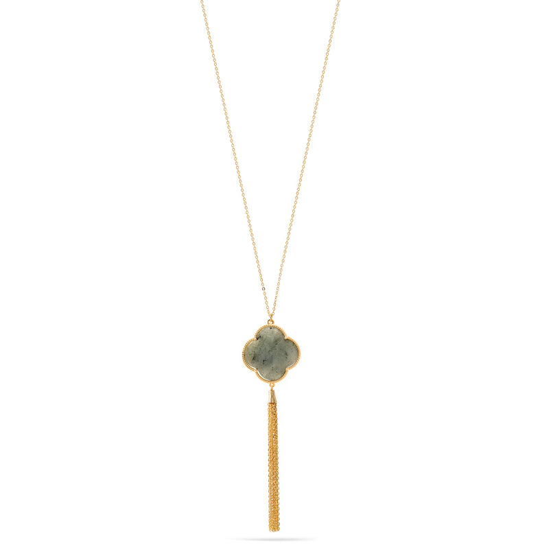Gold Green Marble Stone Pendant Adjustable Length Chain Tassel Necklace 