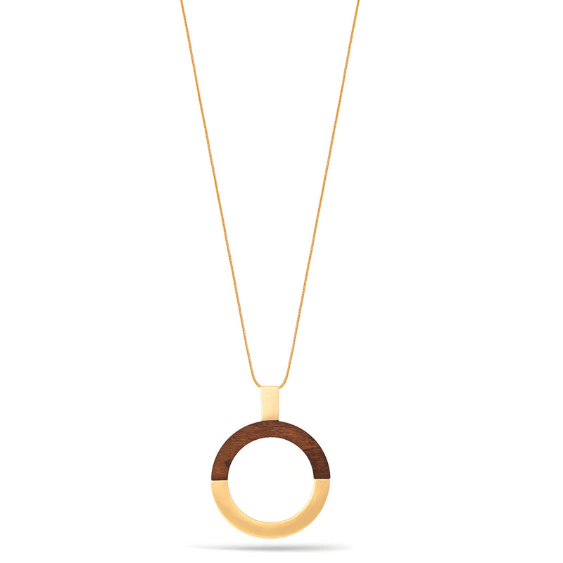 Matte Gold And Wood Round Pendant Adjustable Length Chain Necklace 
