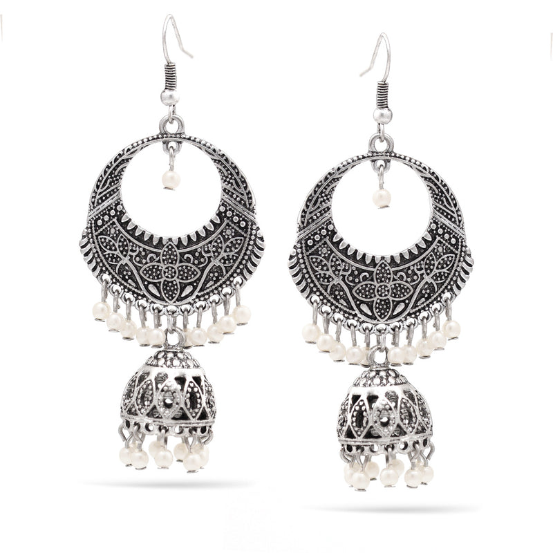 Rhodium Flower Filigree Dogra Jhumka Pearl Chandelier Earrings