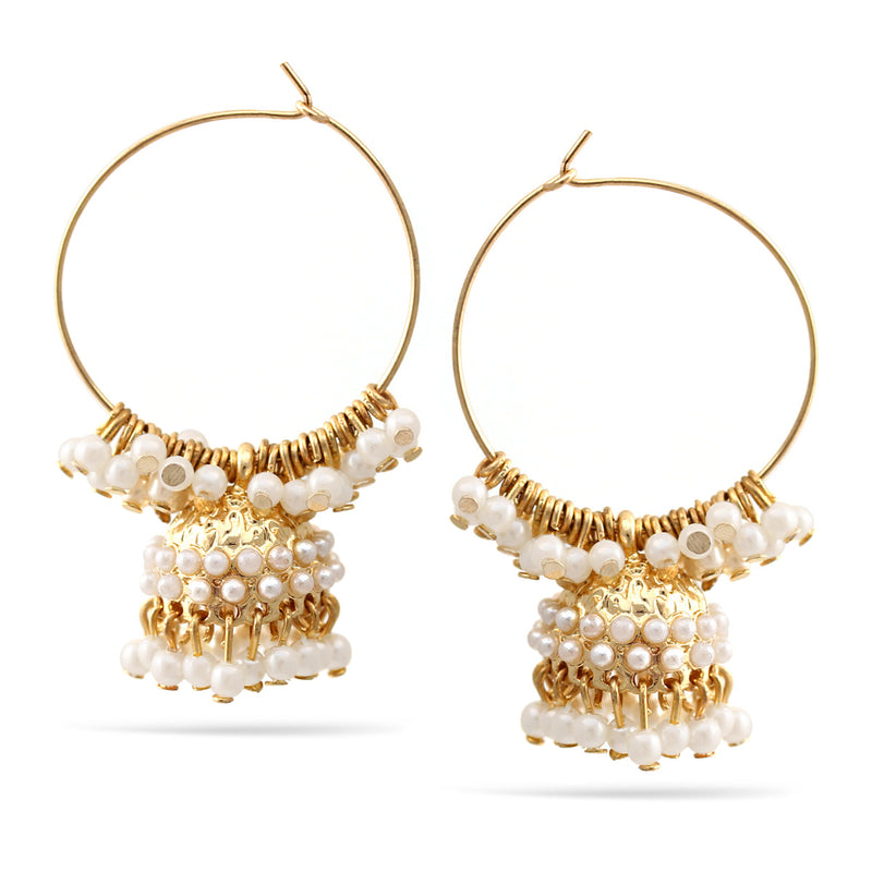 Gold Cream Pearl Dogra Jhumka Chandelier Hoop Earrings