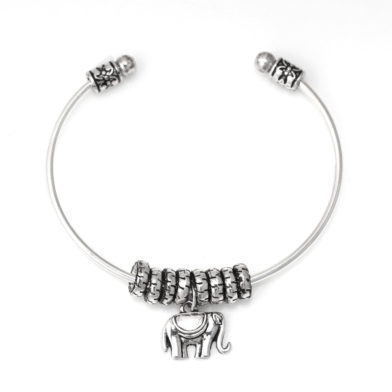 Silver Beads Elephant Charm Cuff Bracelet