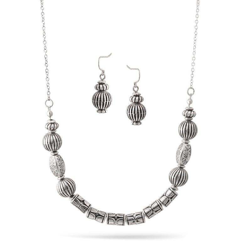 Silver Beads Adjustable Length Chain Necklace And Earrings Set