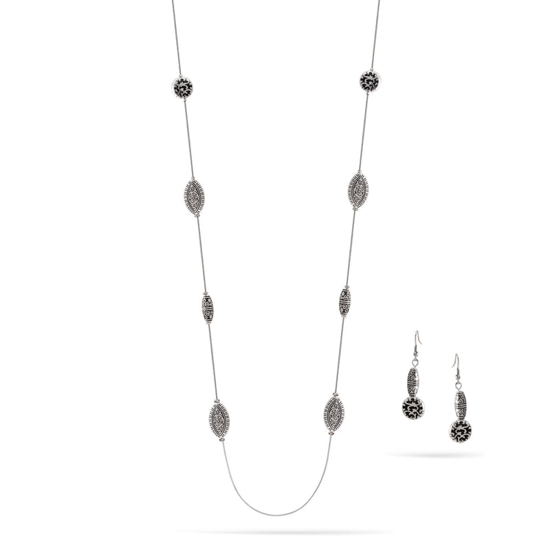 Silver Filigree Charm Adjustable Length Chain Necklace And Earrings Set