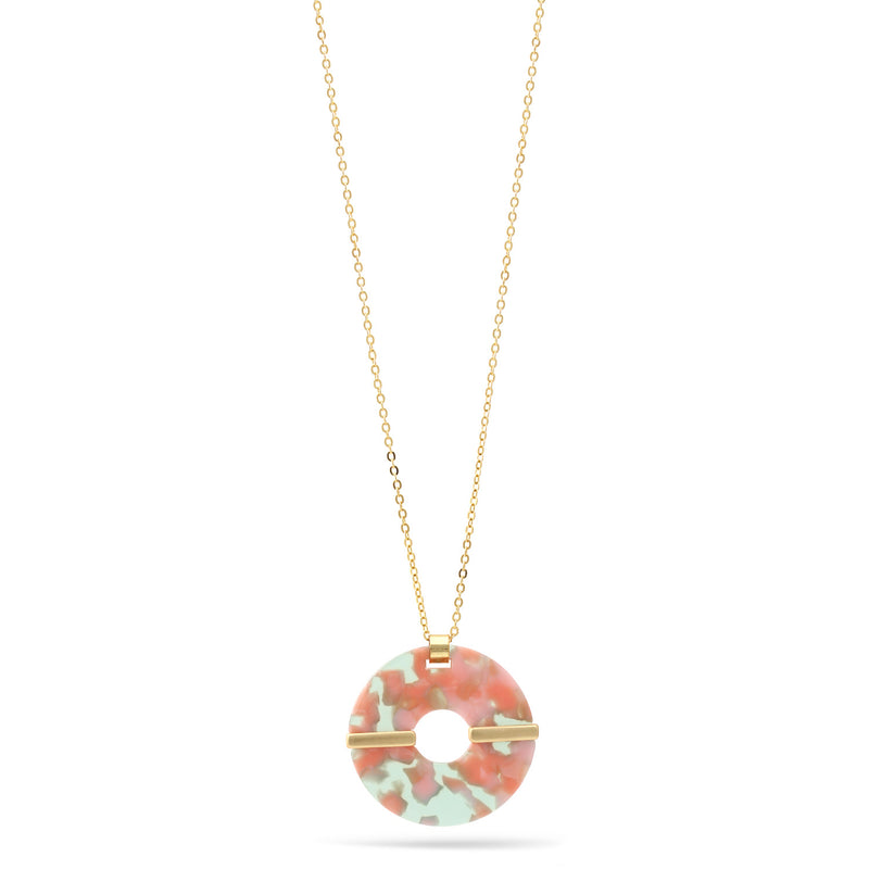 Green And Pink Acetate Resin Round Gold Pendant Adjustable Length Gold Chain Necklace