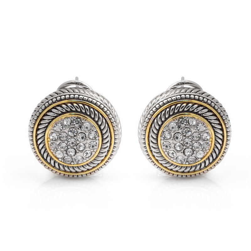Premium Quality Two Tone Round Crystal Pave Post Earrings