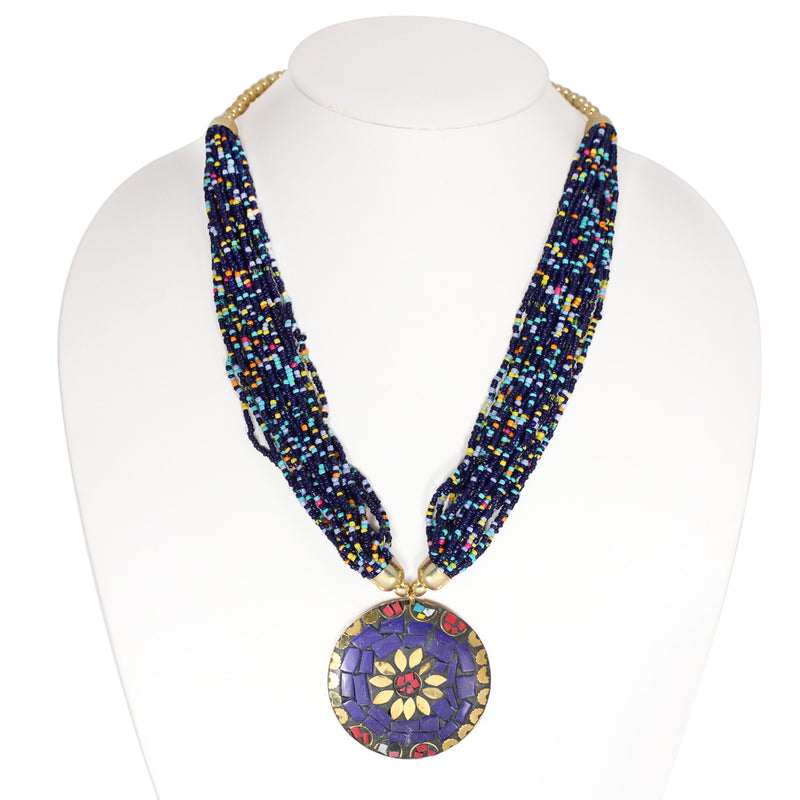 Multicolor Bead Gold And Navy  Pendant Adjustable Length Gold Bead Indian Necklace
