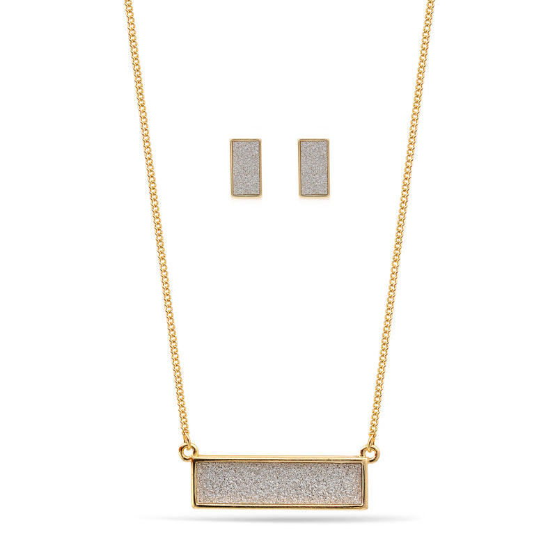 Gold Rectangle Silver Sanded Pendant Adjustable Length Chain Necklace And Earrings Set