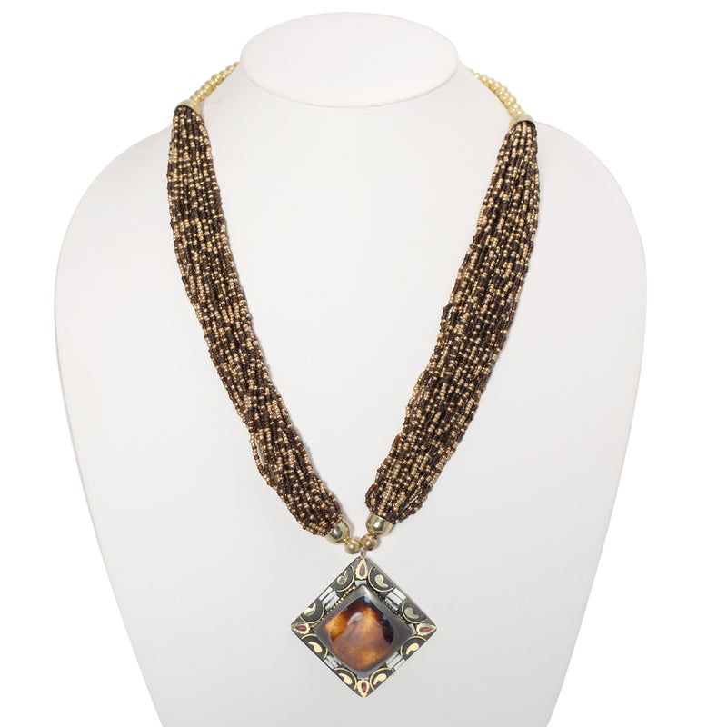Brown And Gold Bead Brown Square Pendant Adjustable Length Gold Bead Necklace