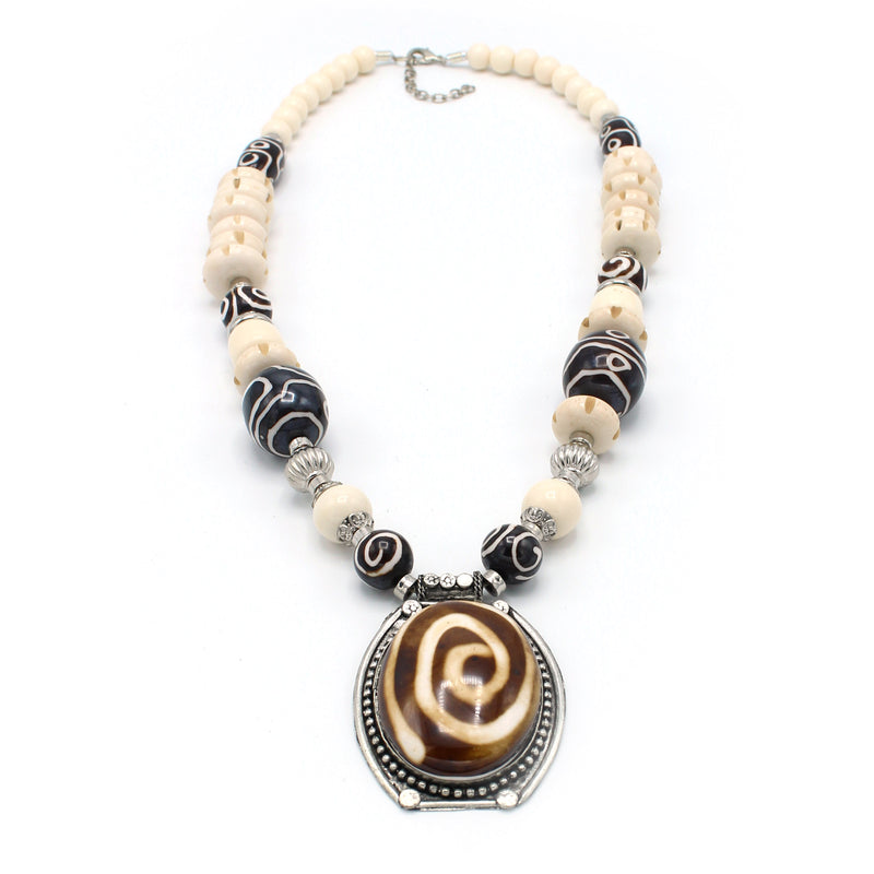 Brown And Cream Big Beads Silver Pendant Necklace