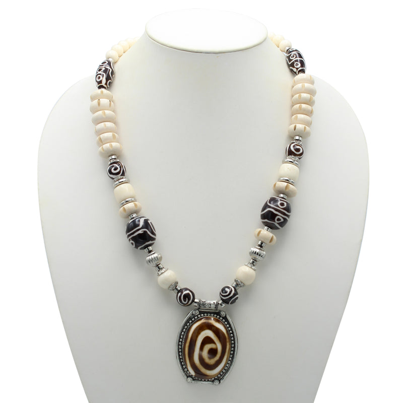 Brown And Cream Big Beads Silver Pendant Necklace