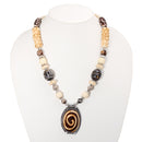 Brown And Cream Big Bead Silver oval Pendant Adjustable Length bead Necklace