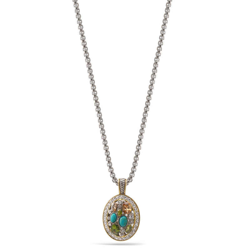 Premium Quality Two Tone Multi Color Crystal Oval Pendant Adjustable Length Silver Chain Necklace