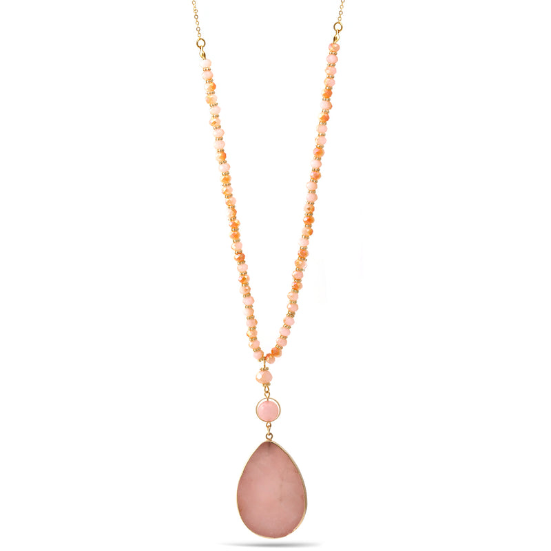 Gold Pink Natural Agate Oval Pendant Faceted Bead Adjustable Length Chain  Necklace