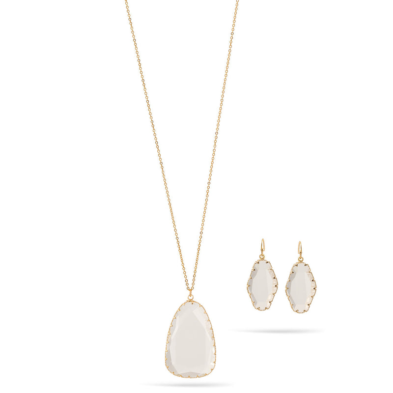 Clear Faceted Crystal Pendant Gold Adjustable Length Chain Necklace And Earrings Set