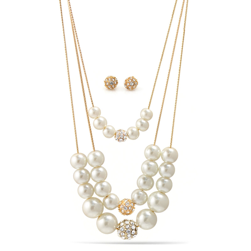Pearl And Crystal Ball Adjustable Length Layer Necklace And Earrings Set
