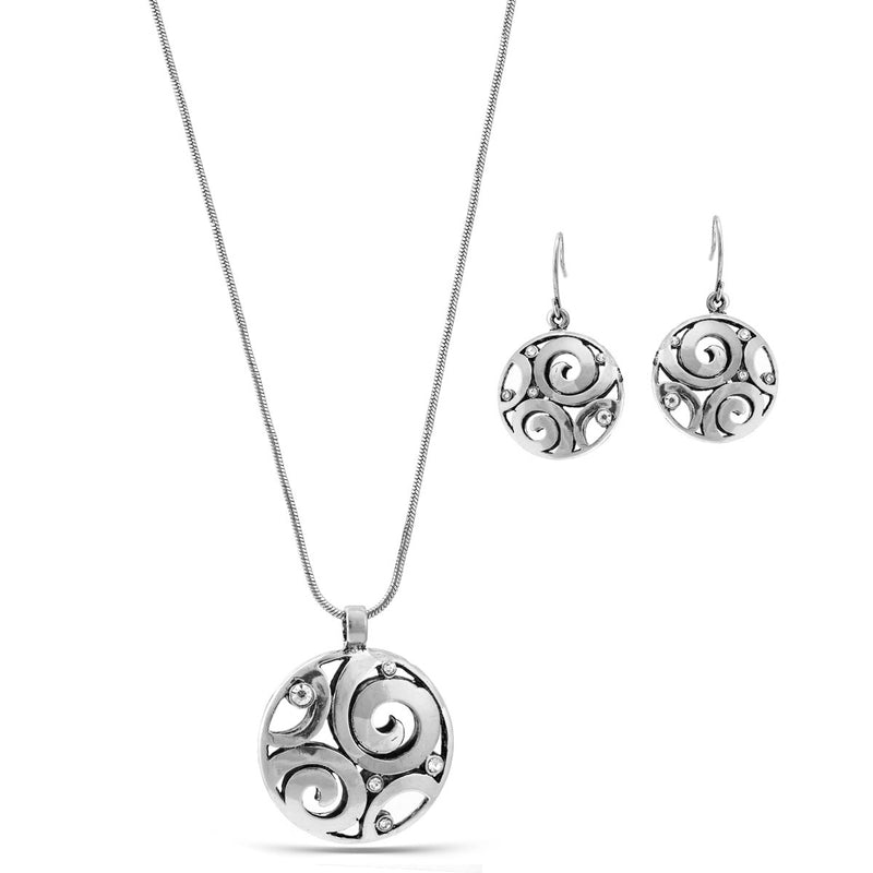 SILVER FILIGREE ROUND CRYSTAL PENDANT NECKLACE AND EARRINGS SET