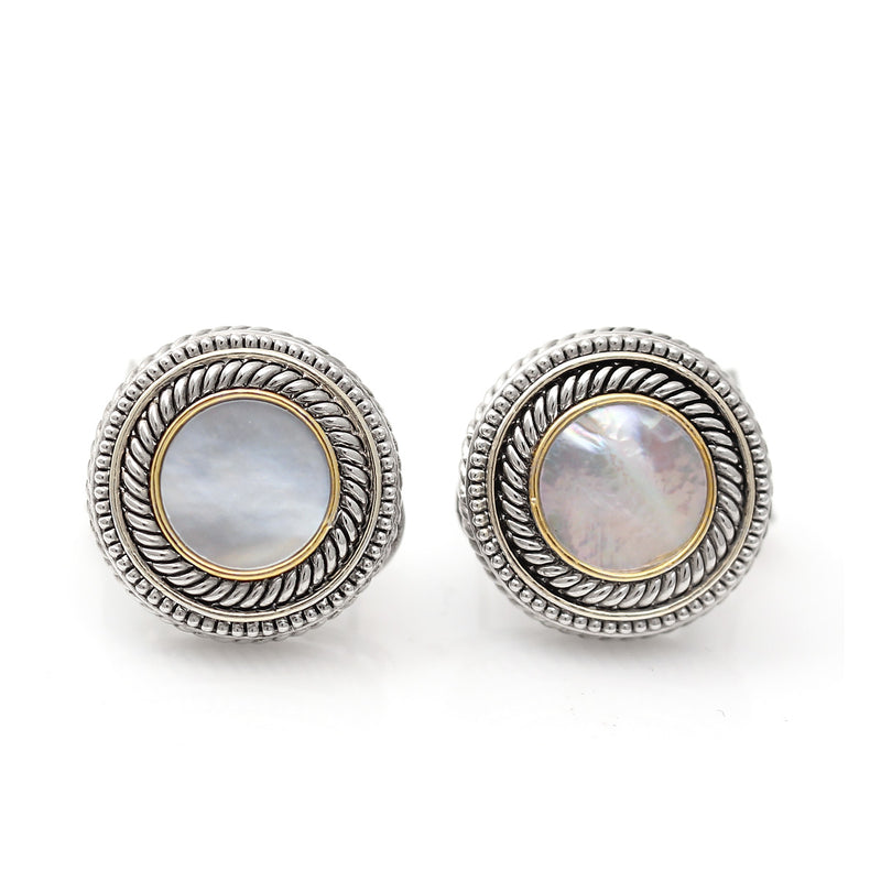 Premium Quality Two Tone Round Mother Of Pearl Post Earrings