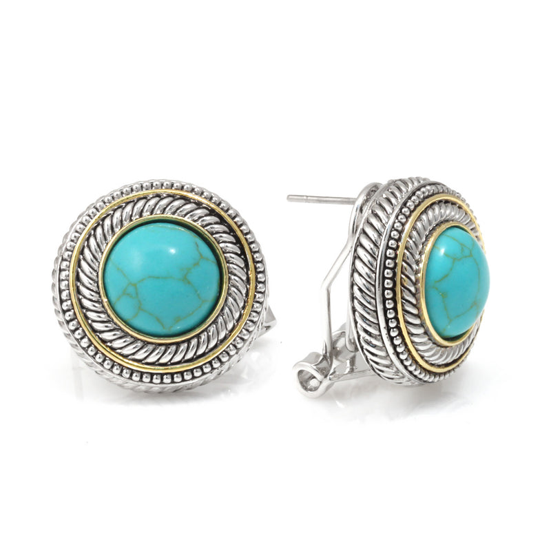 Premium Quality Two Tone Round Turquoise Post Earrings