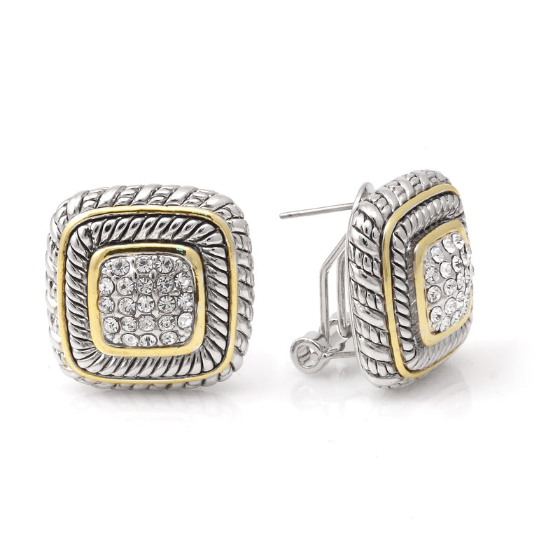 Premium Quality Two Tone Square Crystal Pave Post Earrings