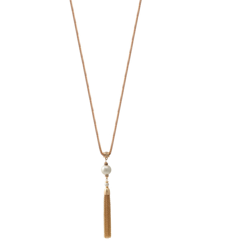 Gold Cream Pearl Adjustable Length Long Tassel Necklace