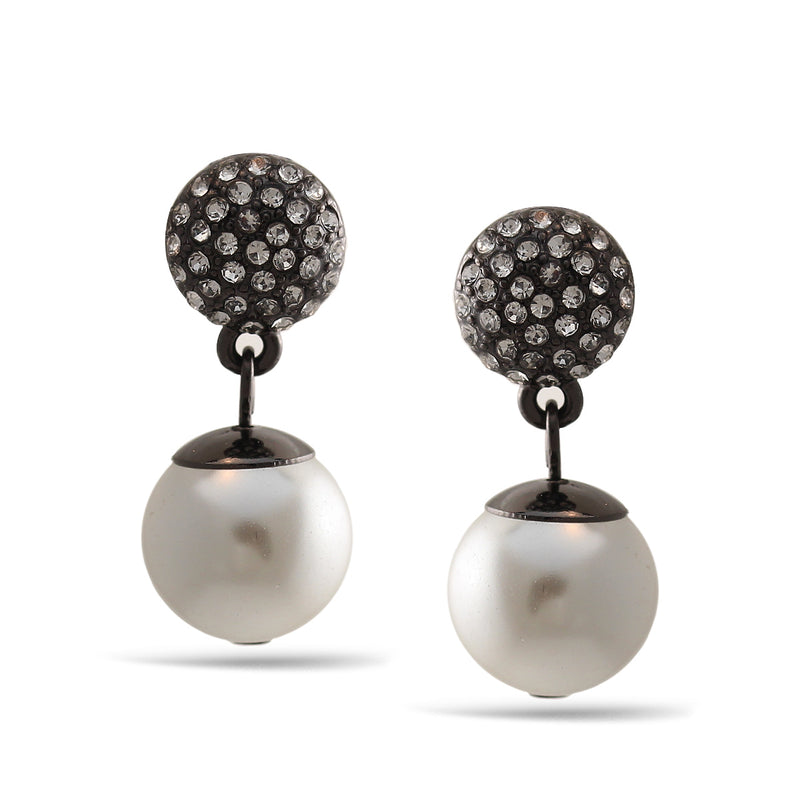 Hematite White Pearl Crystal Post Earrings