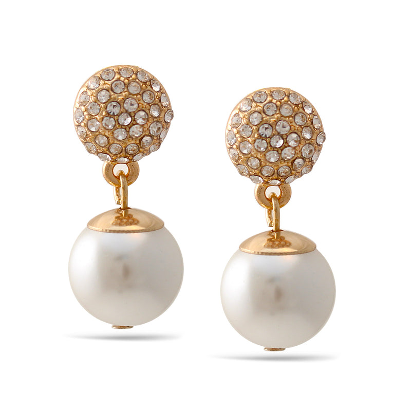 Gold White Pearl Crystal Post Earrings