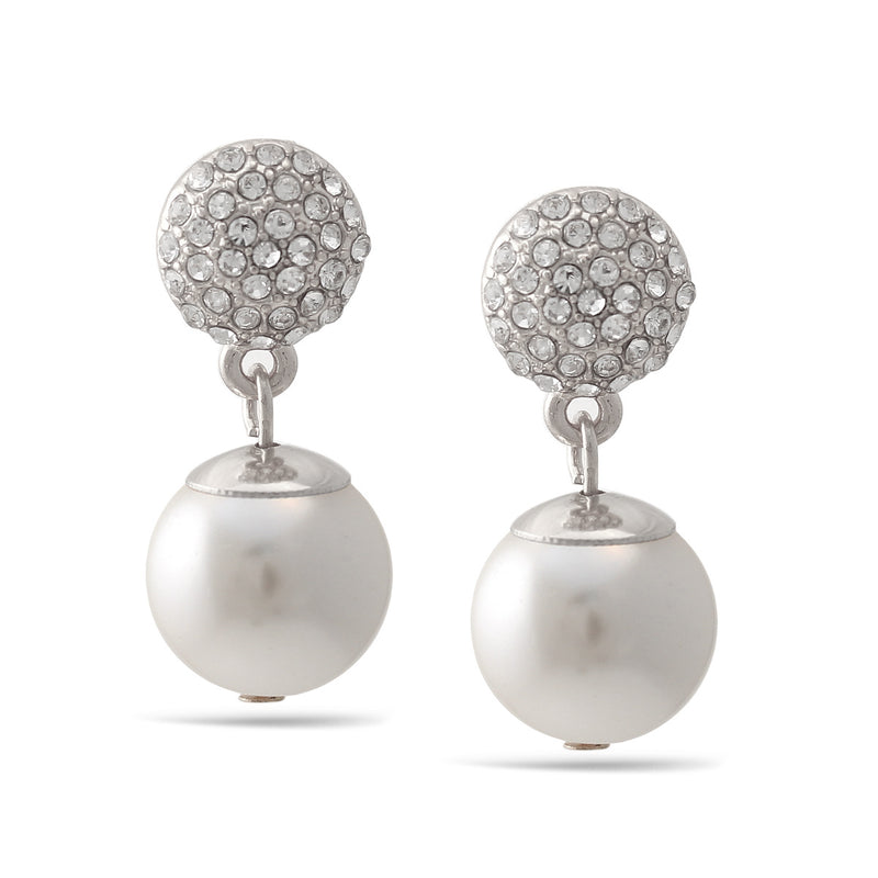 Silver White Pearl Crystal Post Earrings