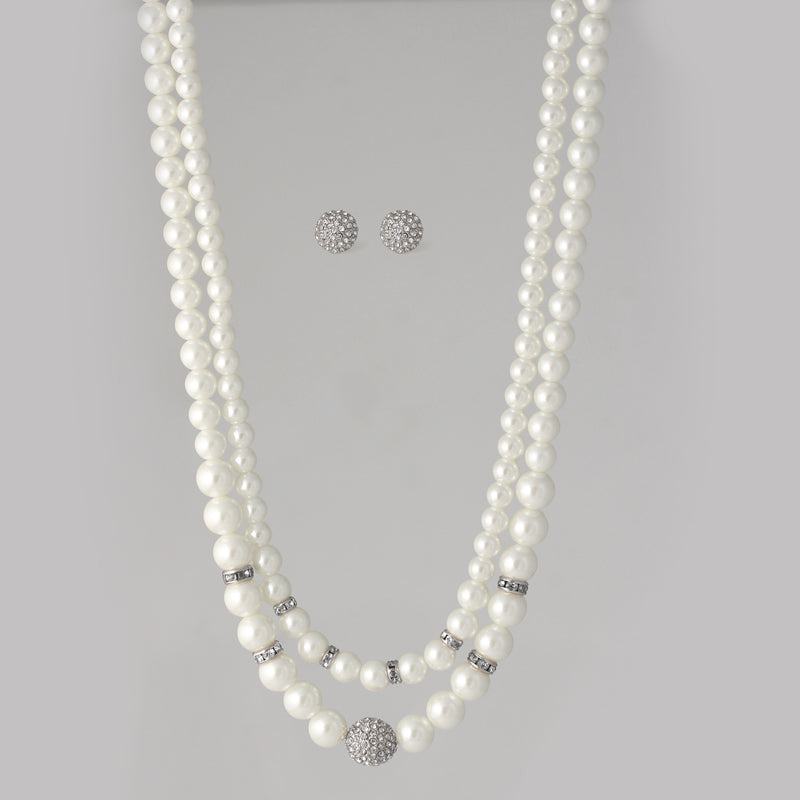 White Pearl And Silver Crystal Pave Ball Adjustable Length Layer Necklace And Earrings Set