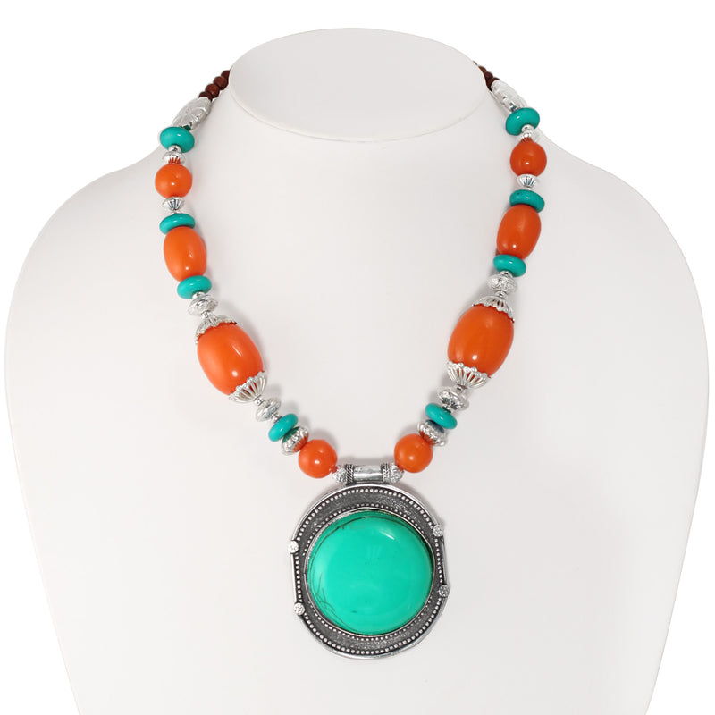 Silver Turquoise And Orange Beads Round Pendant Adjustable Length Necklace