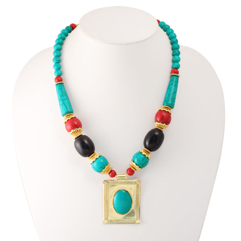 Gold Black Coral And Turquoise Beads Rectangle Pendant Adjustable Length Necklace