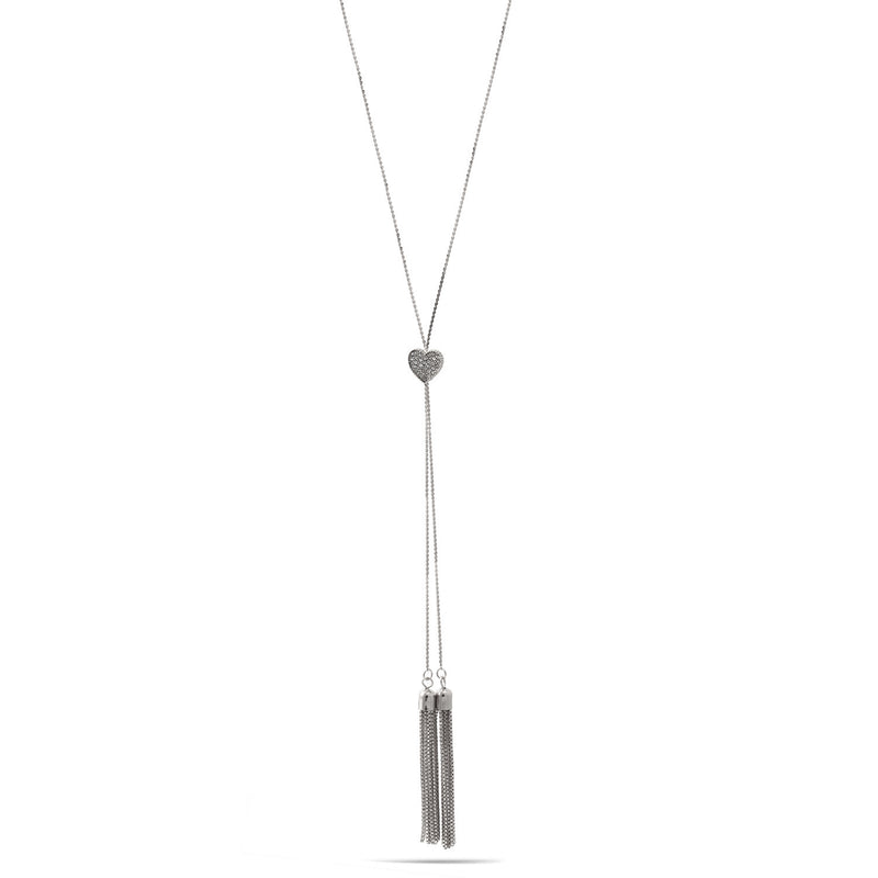 Rhodium Crystal Heart Pendant With Tassel Necklace