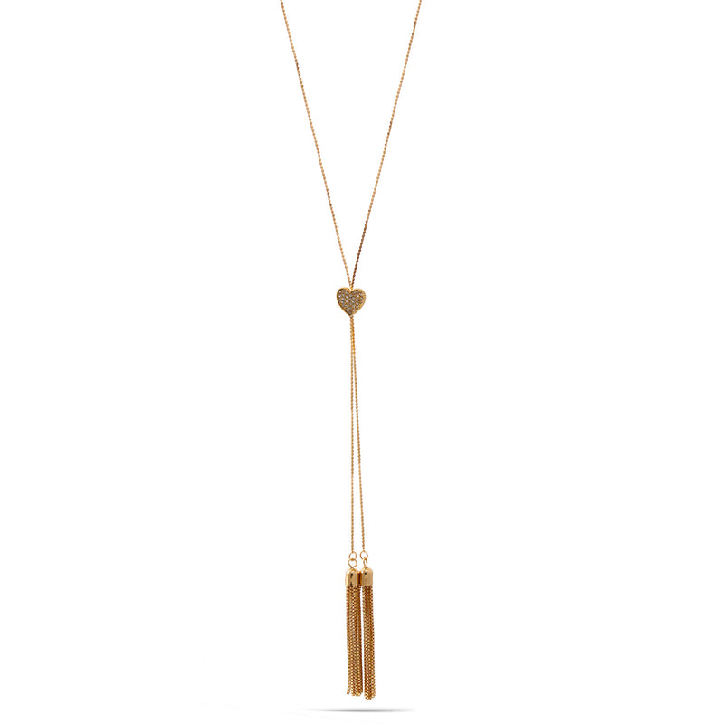 Gold Crystal Heart Pendant With Tassel Necklace