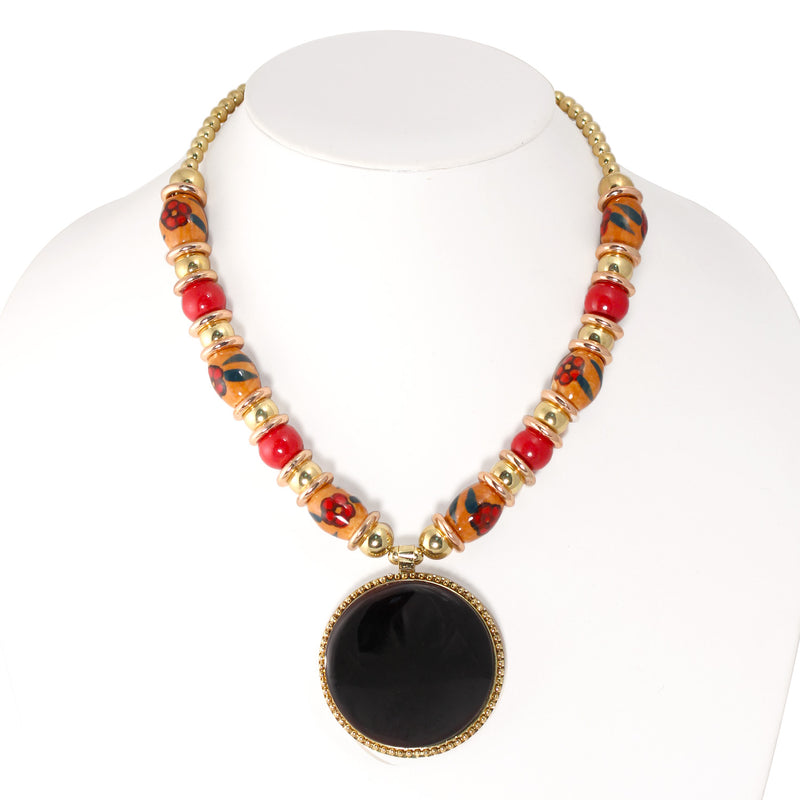 Gold Ceramic And Coral Beads Round Black Pendant Adjustable Length Necklace