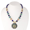 Gold Navy Cream And Mint Ceramic Beads Round Pendant Adjustable Length Necklace