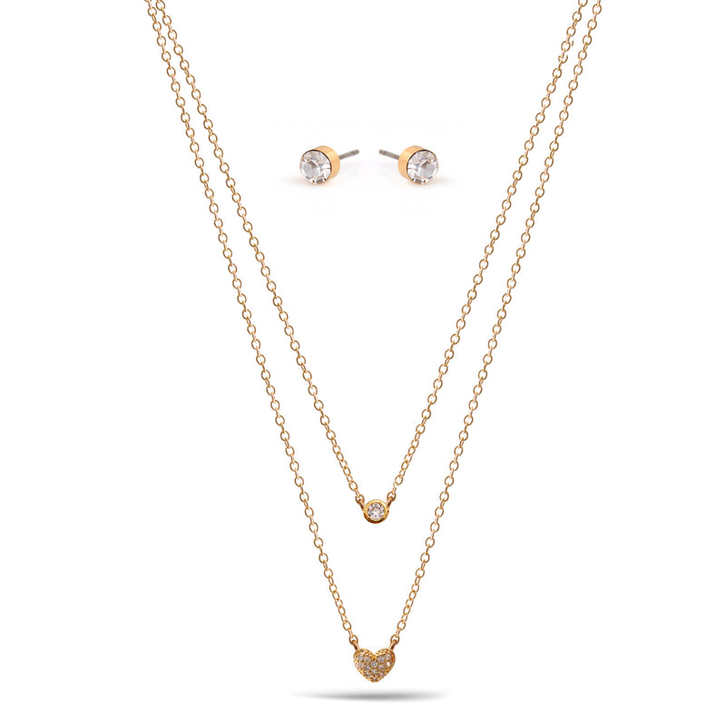 Gold Crystal Heart Small Pendant Adjustable Length Chain Layer Necklace And Crystal Earrings Set