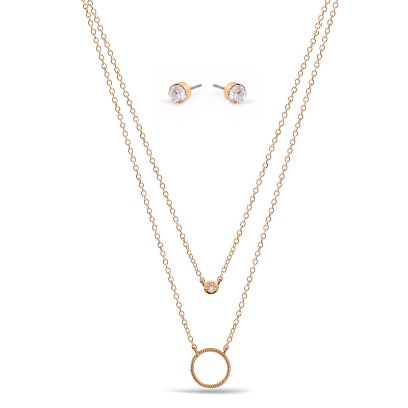 Gold Circle Small Pendant Adjustable Length Chain Layer Necklace And Crystal Earrings Set